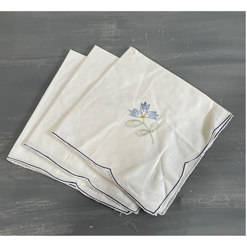 Vintage White Cloth Napkins Set of 3 Blue Floral Embroidery Scalloped Edge 16x17